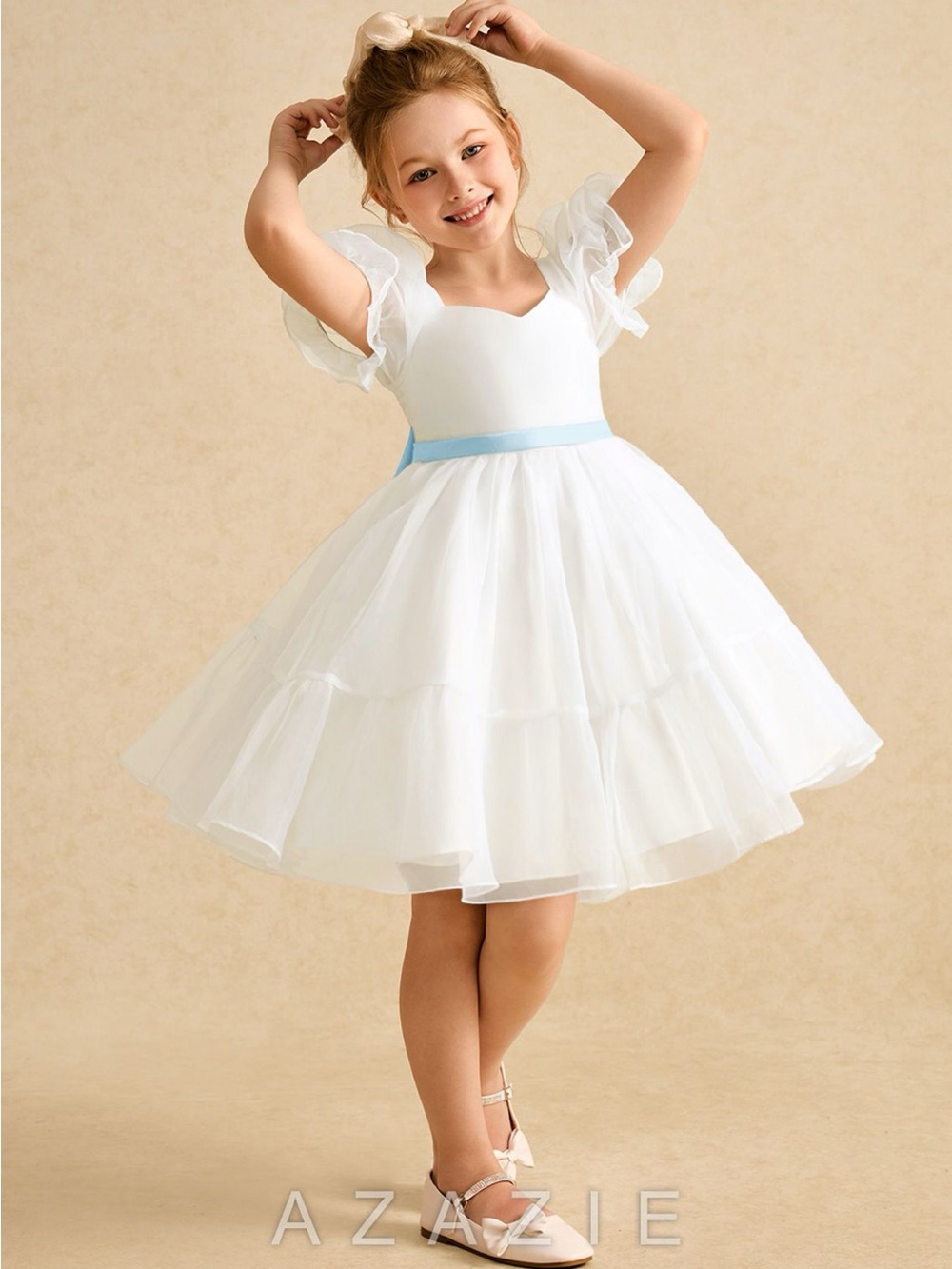 Azazie White Tulle Party Dress with Light Blue Waistband
